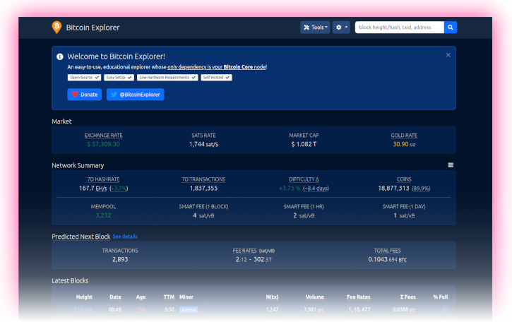 BTC RPC Explorer homepage showing the latest block, mempool summary, and fee estimates