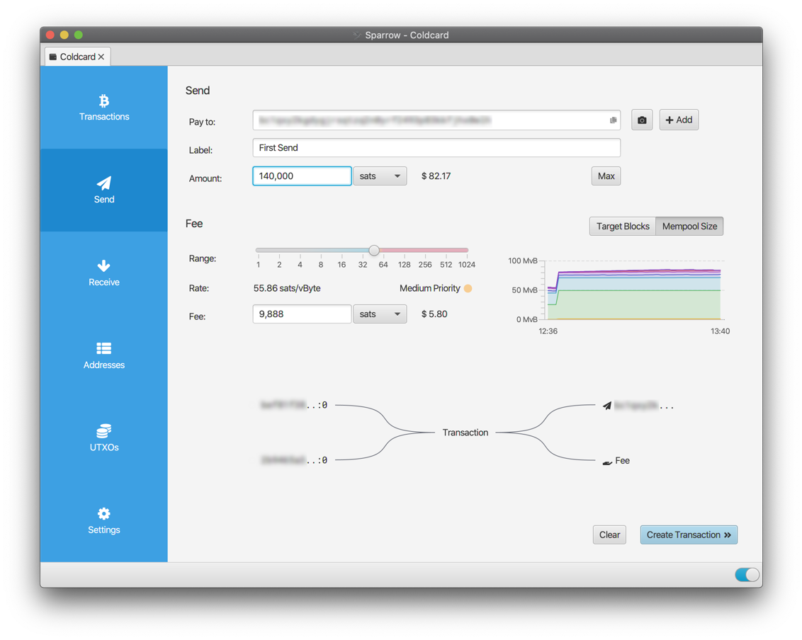 Sparrow Wallet main screen showing transactions, balance, and connected Electrs server