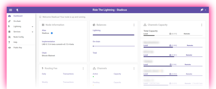Ride The Lightning dashboard showing channel list, balances, and routing stats