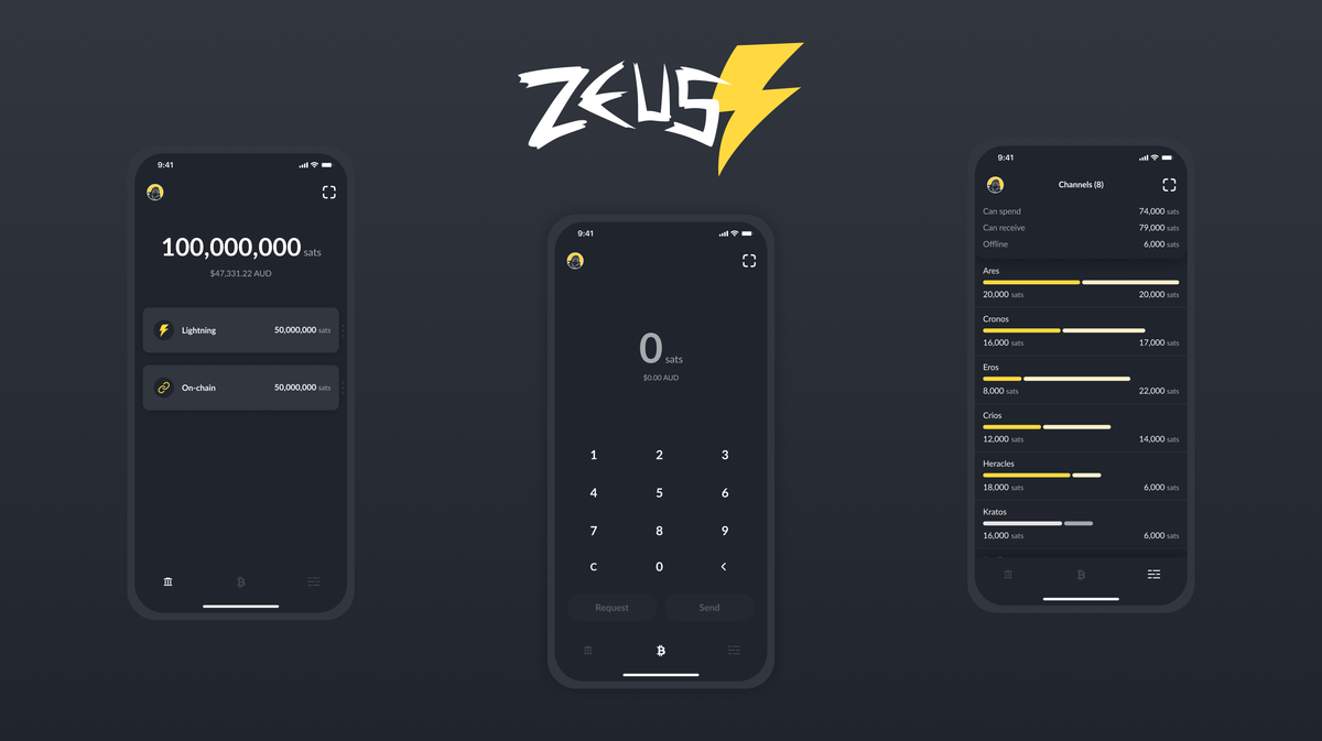 Zeus mobile wallet showing node balance, recent payments, and channel list